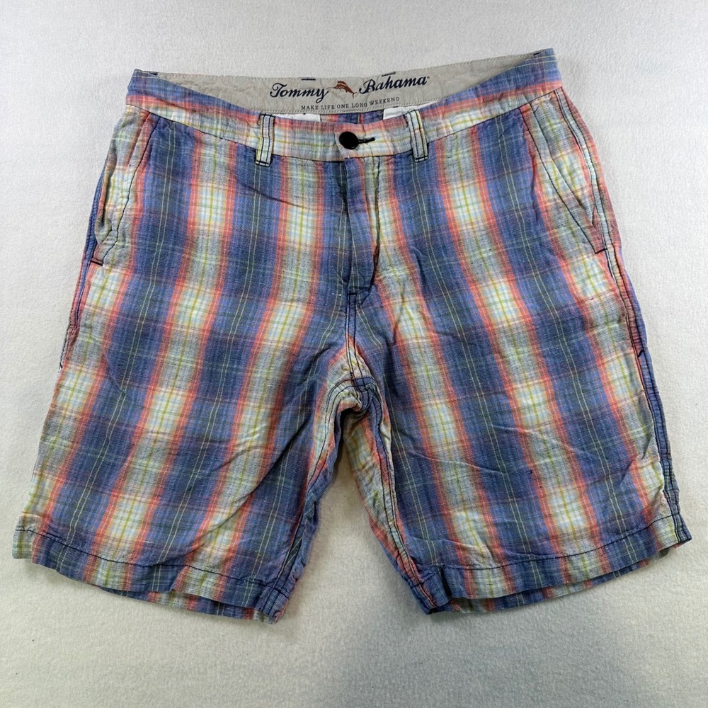 Tommy Bahama Mens Plaid Linen Tencel Shorts Blue Orange White Size 32